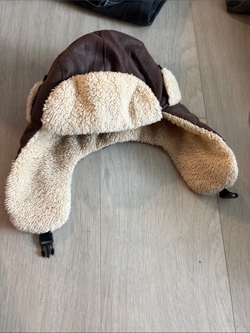 Kids Brown Faux Leather Trapper Hat with Cream Sherpa Lining